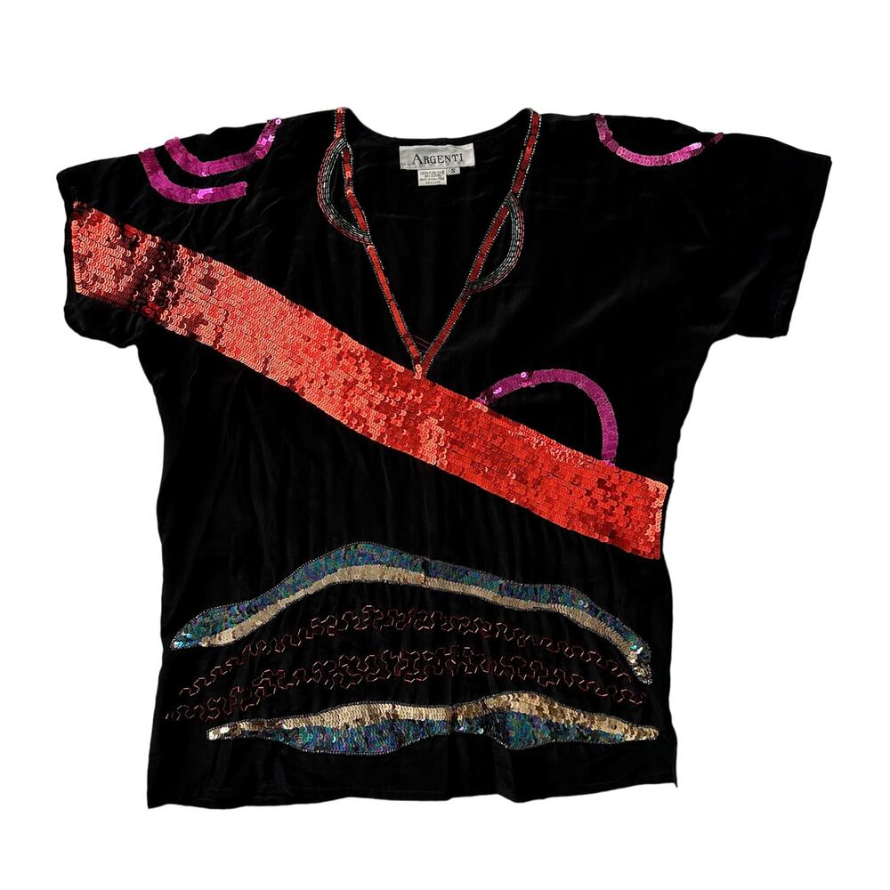 Argenti VTG‎ 80s 90s 100% Silk Sequined Abstract V Neck Black Multi Blouse S